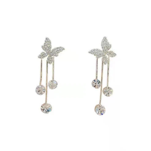 Fashion Jewelry Shiny Butterfly Rhinestone Drop Dangle Earrings Women Elegant Long Pearl Tassel Chain Pendant Party Jewelry